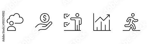 Success and growth web icons inline style. Handshake, growth profit, innovation, increase sale, coaching, progress, strategy, achievement, collection. Vector illustration.