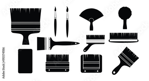 Collection of various black silhouette paintbrushes arranged in two rows