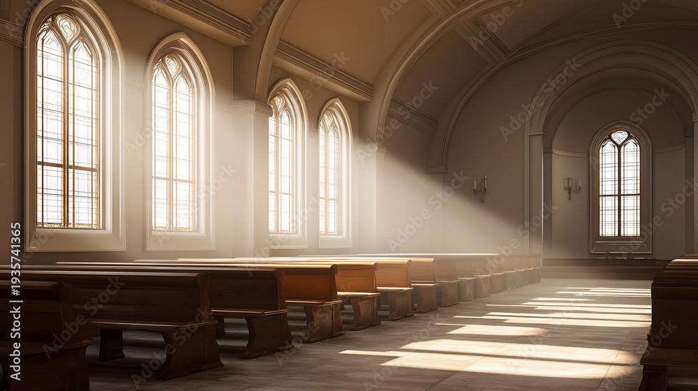 Obraz premium A serene and peaceful church interior rows of pews and arched windows letting in natural light