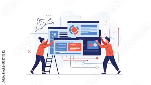Web development team working together to build a functional user interface and website layout using various digital components.