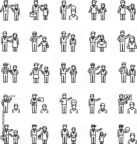 Mentoring, coaching, and human resources line icon set. Outline vector illustrations of business people, leadership, teamwork, and professional communication.