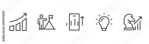 Success and growth web icons inline style. Handshake, growth profit, innovation, increase sale, coaching, progress, strategy, achievement, collection. Vector illustration.