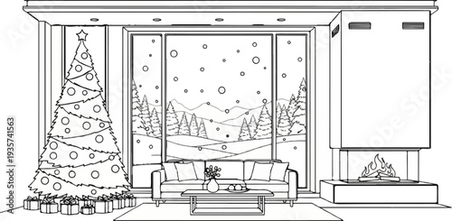 Cozy living room scene with a decorated Christmas tree and presents