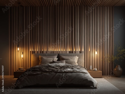 Warm lights glow softly behind wooden slats. Bed rests center with soft, layered bedding. Dark tones create a serene, intimate ambiance. Minimalist nightstand flanks the bed subtly