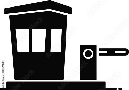 Black and white silhouette of toll booth with barrier gate and control post, infrastructure icon symbolizing transportation, access, and security design