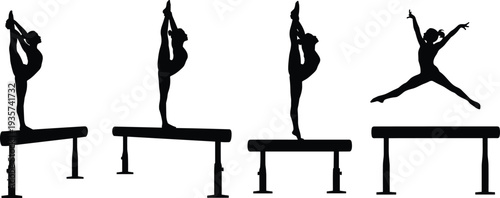 Gymnast silhouettes performing balance beam poses flexibility jumps and rhythmic gymnastics moves sport athlete vector illustration isolated black set