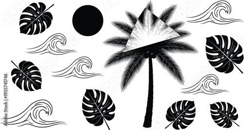 Black and white tropical vector illustration with palm tree, waves, monstera leaves, sun circle, and geometric triangle artistic design
