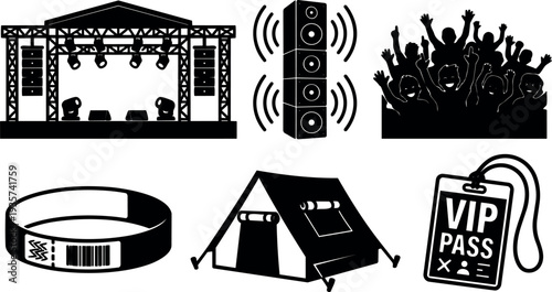 Flat design concert festival icon set with stage speakers crowd wristband tent and vip pass black icons front view