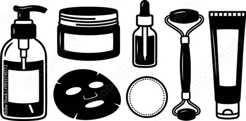 Line art flat design close up set of skincare bottles jars tubes dropper mask roller on white background minimal lighting