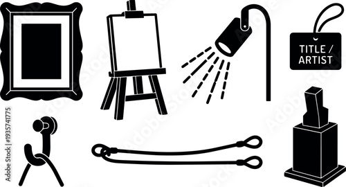 Flat design gallery icons set framed painting easel spotlight pedestal sculpture label tag hanging hook stanchion ropes black silhouettes vector