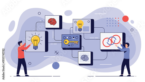 Innovation workflow connecting different stages of creative ideas, problem solving, and strategic partnerships for business success.