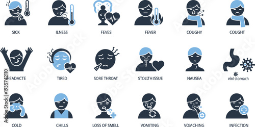 Comprehensive blue and black icon collection depicting common medical symptoms illness signs fever cough nausea and viral infection