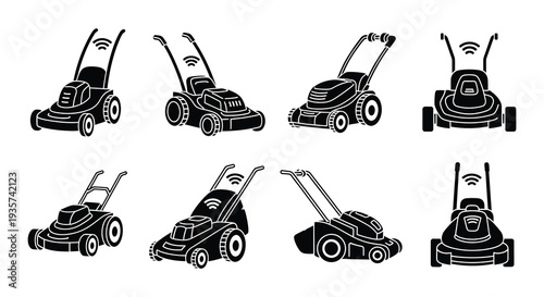 Black and white icons depicting robotic lawnmowers and related features