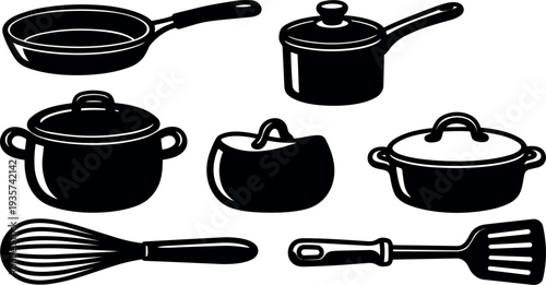 Flat design overhead kitchen utensil set frying pan saucepan stockpot whisk spatula and covered casserole close up black silhouette vector