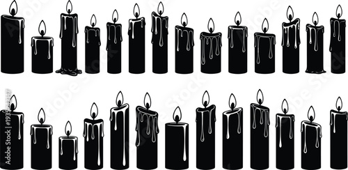 Black candle silhouette illustrations with dripping wax and flames, arranged in rows for decorative, spiritual, and artistic design projects