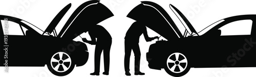 Car repair silhouette illustration, two mechanics working, automotive maintenance concept, engine troubleshooting, black and white vector art, vehicle service scene