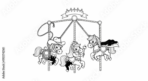Whimsical carousel scene with three cartoon horses, one wearing a cowboy hat, another a crown and wand, and the third a saddle
