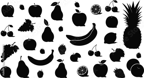 "Collection of diverse fruit silhouettes including apples, bananas, pears, cherries, strawberries, grapes, citrus slices, and pineapple, perfect for design, education, and illustration projects
