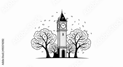 Tower with clocks and trees with falling leaves in a drawing style