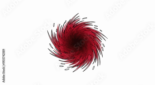 Swirling crimson vortex with sharp, radiating edges and small oval bursts