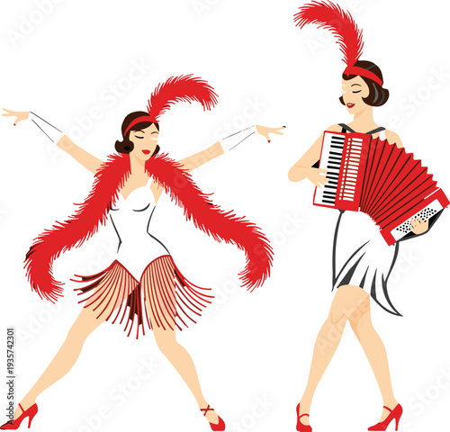 Vintage cabaret burlesque performer vector set with dancers, accordion player, theatrical costumes, retro fashion, entertainment artwork for stage and nightlife
