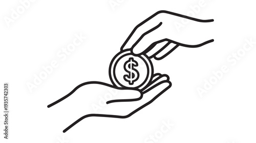 Minimalist Vector Icon of Hands Exchanging a Dollar Coin Symbolizing Financial Transaction Payment and Monetary Giving