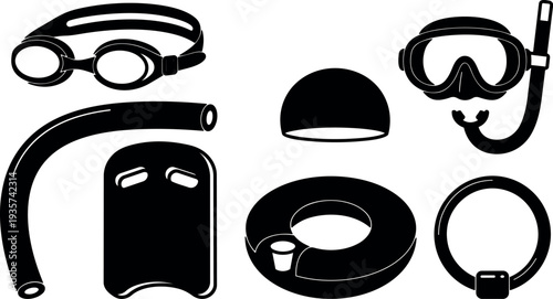 Flat design top view swimming gear set goggles snorkel swim cap kickboard pool noodle life ring belt black silhouettes collection
