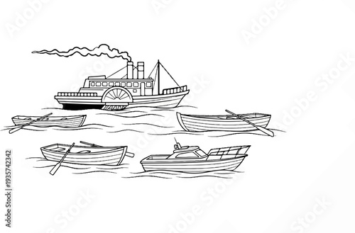 A paddle steamer leads a fleet of rowboats and a motorboat on wavy water