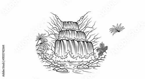 A multi-tiered waterfall cascades down rocky cliffs into a river