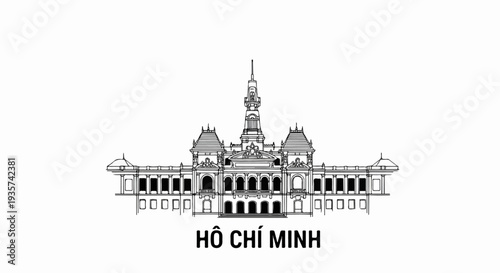 Stylized line drawing of a grand building with a central tower and text below
