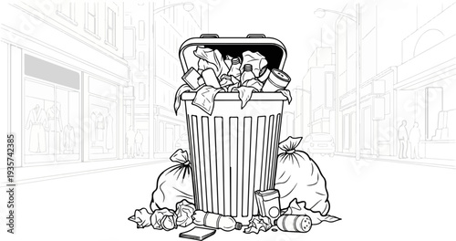 A full garbage can overflows with trash on a street with shops and buildings