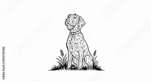 Wire-haired dog sits attentively in a grassy field with small plants