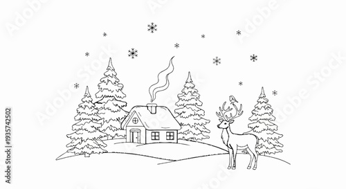 Whimsical winter scene with a cozy cabin, snow, and a deer
