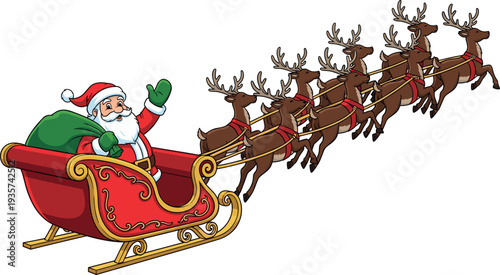Santa Claus riding sleigh with flying reindeer cartoon Christmas illustration festive holiday character delivering gifts winter celebration design isolated