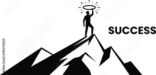 Man standing on a mountain peak holding a glowing halo of success, representing ultimate achievement and top of career