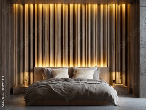 Warm light glows behind vertical wooden slats. Bed rests against softly illuminated timber wall. Minimalist nightstand holds small lamp beside bed. Neutral bedding contrasts rich wood tones