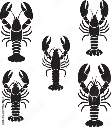 Set of modern black lobster silhouettes on white background