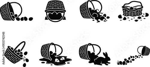 Illustration of various baskets spilling eggs and a rabbit in a playful design style