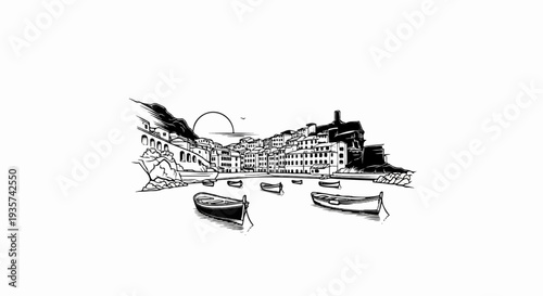 A black and white illustration of a coastal town with boats in the harbor