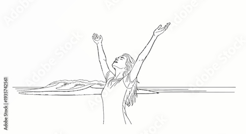 Woman with arms raised in celebration against a backdrop of hills and water