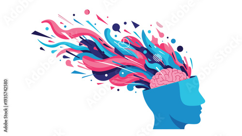 Creative explosion of ideas coming from a human head representing imagination, artistic inspiration, and colorful thoughts.
