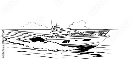 A sleek yacht cuts through choppy water with clouds in the background