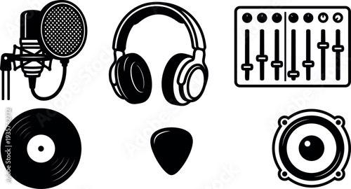 Line art music equipment icons close up set showing microphone headphones mixer vinyl pick speaker in black and white studio