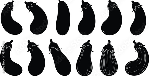 Black silhouette collection of diverse eggplant shapes, botanical vegetable vector icons for food design, agriculture, nutrition, and decorative purposes