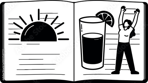 Line art vector open book spread with rising sun illustration glass of juice and stretching woman side view monochrome