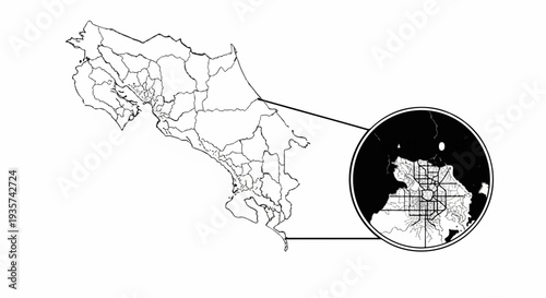 Map of a country showing its provinces and a magnified view of a city