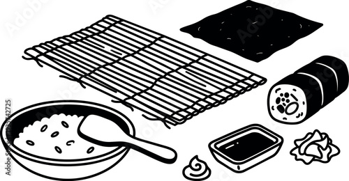 Minimalist line art top view sushi rolling set nori sheet rice bowl wooden spoon bamboo mat dipping sauce wasabi ginger