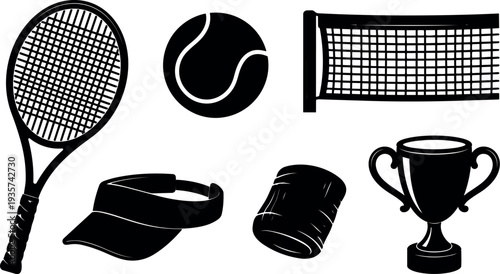 Silhouette vector tennis equipment set showing racket ball net visor wristband and trophy close up side view