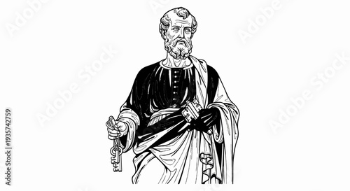 Bearded man in robes holds keys, one key has letters