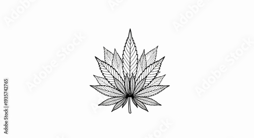 Black and white line art of a layered cannabis leaf on a white background